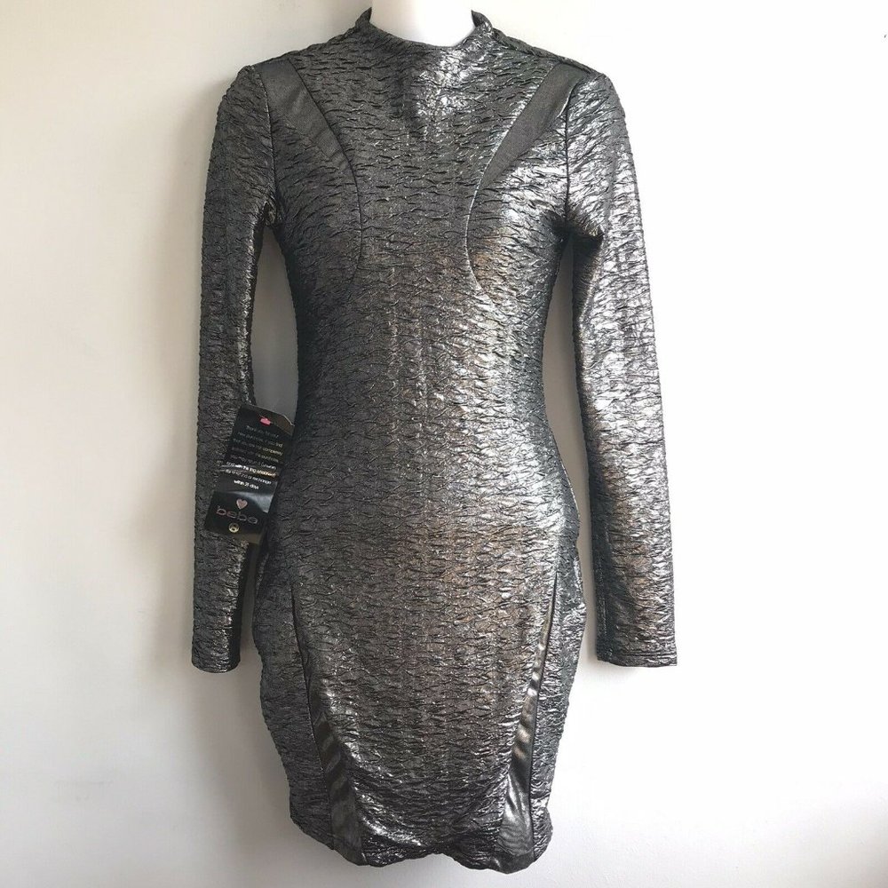 bebe addiction dress bodycon metallic foiled silve